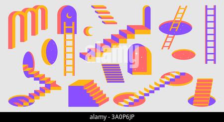 Retro ladder and stairway with windows designs in bright coral, purple and yellow colors. Geometric portals with abstract steps creating surreal isometric patterns for modern nostalgic illustrations. Stock Vector