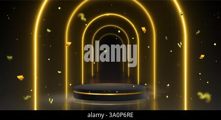 Black luxury podium with golden rim surrounded by glowing neon arches and floating confetti pieces on dark background. Elegant circular display platform for award ceremonies or product presentations. Stock Vector