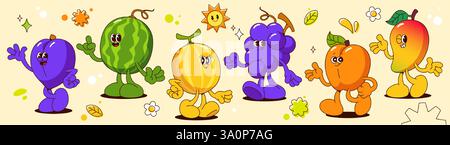 Groovy fruit cartoon characters with limbs - purple plum waving, green watermelon with horns gesture, yellow melon and grape bunch walking, smiling apricot and mango. Retro mascot with expressive face Stock Vector
