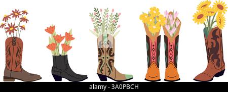 Cowboy boots with floral bouquets inside. Different flowers, tulips chamomile sunflowers. Garden decorations, brutal boot and flower, vector set Stock Vector