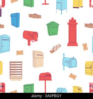 Mailboxes seamless pattern. Post office, delivery service boxes, pile of letters. Decorative print for fabric, website backdrop design, vector Stock Vector