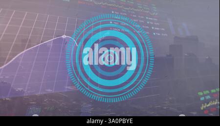 Image of blue circular scanner over financial data processing and cityscape Stock Photo
