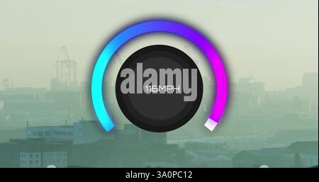 Image of scope with speedometer data processing over cityscape Stock Photo