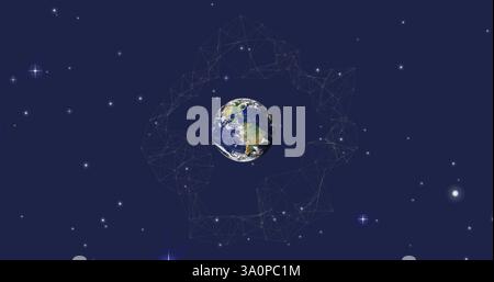 Image of connections spinning over globe on night sky Stock Photo
