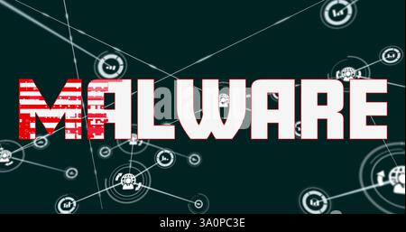 Image of network of connections over malware text Stock Photo