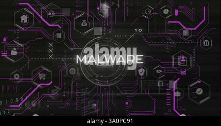 Image of data processing and connections over malware text and media icons Stock Photo