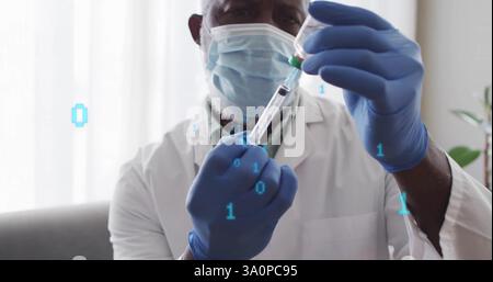 Image of binary coding over african american male doctor preparing vaccine Stock Photo