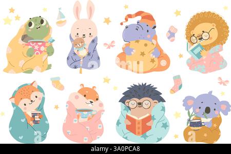 Cute animal in cozy plaids. Animals sitting in blankets, drink tea and coffee, reading books. Funny turtle, hamster, fox, koala and hedgehog, nowaday Stock Vector