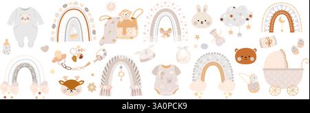Boho style baby elements. Rainbow toys newborn carriage, pacifier and toddler clothes. Scandinavian retro stickers, scrapbook decorations, nowaday Stock Vector