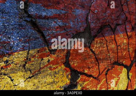 Dirty Ukrainian flag with blood. Ukrainian flag painted on a cracked wall. Distressed flag of Ukraine. War in Ukraine concept Stock Photo