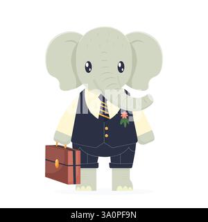 cute elephant in a suit holding a suitcase flat vector illustration isolated on white background Stock Vector