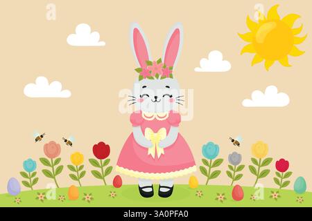 Cute Easter Bunny Enjoying an Easter Egg Hunt on a Sunny Spring Day Flat Vector Stock Vector
