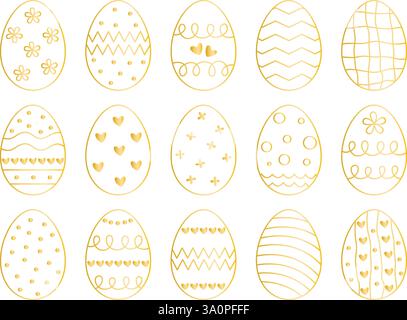 Golden egg outline set. Decorated with hearts, wave, dots, flowers, lines Easter eggs clip art collection. Easter Sunday symbol, vector graphics Stock Vector