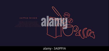 Coffee time. Breakfast theme, croissant, bean abstract silhouette in one line design. Simple sketch vector illustration isolated on black background Stock Vector