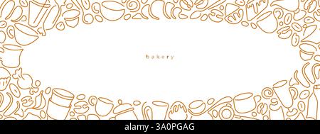 Tea, coffee line template. Bakery, cups, sweets, croissant, raw bean, glass for cafe shop, promotion, marketing, banner. Vector doodle sketch on white Stock Vector