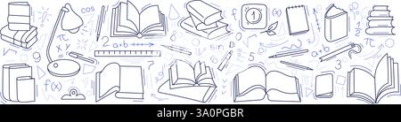 Mathematics doodle set, school education and open books. Scientific library, conference. Hand drawn sketch collection isolated on white background. Ve Stock Vector