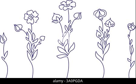 Set of wild flowers and plants of flax. Minimal line symbol isolated on white background. Black and white monochrome batch for organic cosmetic design Stock Vector