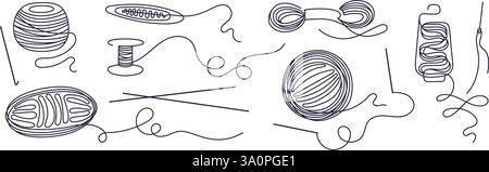 Balls of thread. Vector continuous line. Round skein of knitting. Crafting hand hobby. Merino, wool for knit needles, cotton for crochet, linen. Sketc Stock Vector