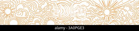 Sun, moon, cloud backdrop. Cloudy weather, wind, sky in minimal style. Weather forecast. One continuous thin line. Clean energy, ecology. Vector golde Stock Vector