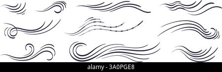 Wind icons, wave flowing in speed motion and swirl. Vector black thin abstract line. Collection sketch isolated on white background Stock Vector