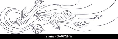 Tea leaf. Doodle air wind and flying leaves in blow. Autumn windy weather with spiral twirls. Minimalistic hand drawn monochrome background. Cool bree Stock Vector