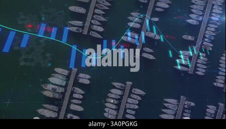 Image of financial data processing over port Stock Photo