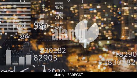 Image of financial data processing over cityscape Stock Photo