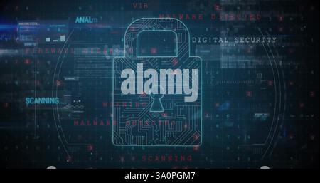 Image of cybercrime, digital security text and padlock network over processing data on black Stock Photo