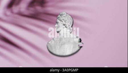 Image of ancient sculpture bust with glitch over shadow of palm leaf on pink background Stock Photo