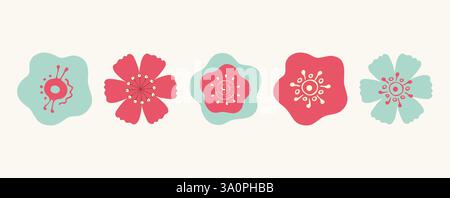 Set of colorful flower buds in simple flat doodle style. Red and mint. Isolated. Vector illustration Stock Vector