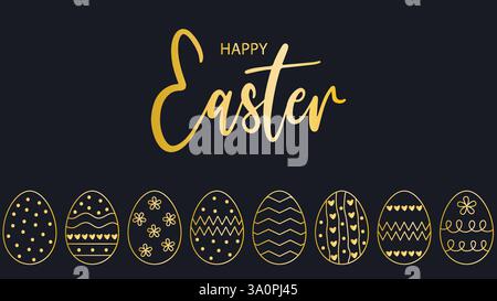 Happy Easter banner with golden eggs. Greeting template with handwritten lettering. Vector graphics Stock Vector