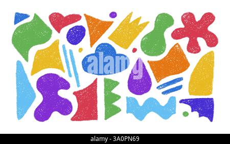Set of abstract organic shapes and forms hand drawn with colored pencils. Crayon brush texture. Modern kids design elements. Vector illustration isola Stock Vector