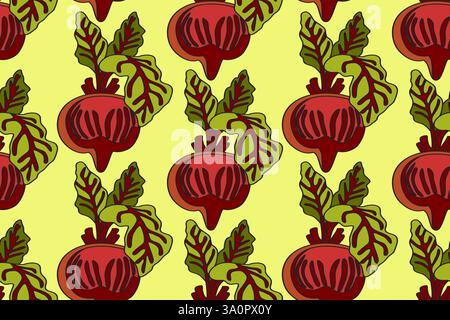 Botanical abstract seamless pattern with juicy beets vector illustration. Colorful vegetables repeating cartoon pattern in yellow color background. Gr Stock Vector