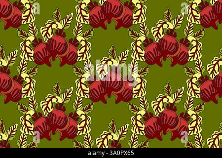 Botanical abstract seamless pattern with juicy beets vector illustration. Colorful vegetables repeating cartoon pattern in green color background. Gra Stock Vector