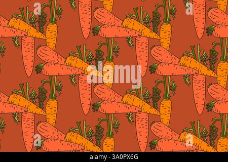 Botanical abstract seamless pattern with juicy carrots vector illustration.Colorful vegetables repeating cartoon pattern in orange color background. G Stock Vector
