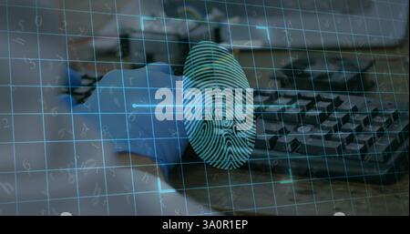 Image of data processing with fingerprint over caucasian scientist using computer Stock Photo