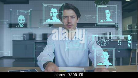 Image of data processing with portraits over caucasian businessman Stock Photo