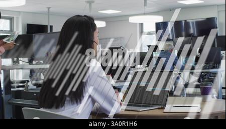 Image of diagram over asian businesswoman using phone headset Stock Photo