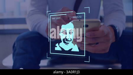Image of data processing with portraits over caucasian businessman using smartphone Stock Photo