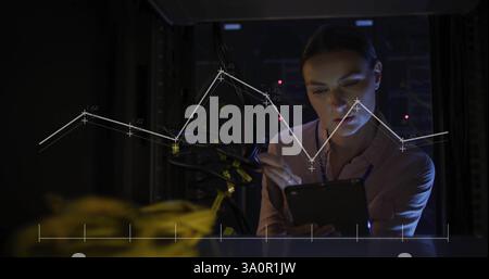 Image of diagram over caucasian female worker in server room Stock Photo