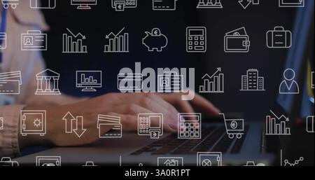 Image of business icons over caucasian female worker using laptop Stock Photo