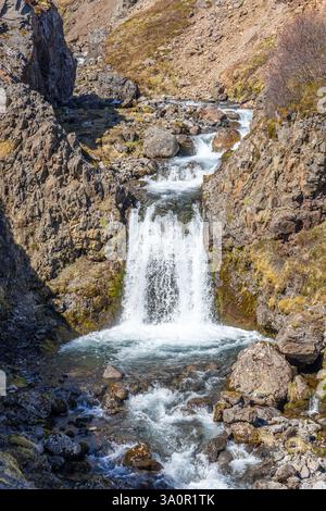 Valagil waterfall cascades in Alftafjordur, Westfjords in Iceland, with rocky volcanic mountains canyon covered with moss. Stock Photo