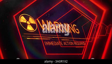 Image of warning text and data processing over neon tunnel Stock Photo