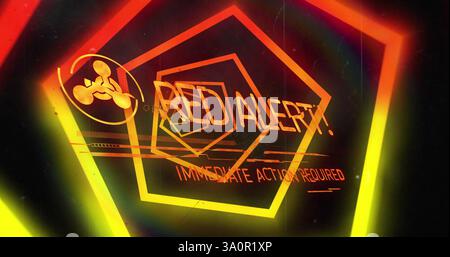 Image of red alert text and data processing over neon tunnel Stock Photo