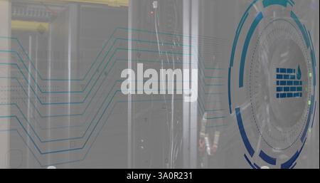 Image of fire wall icon and digital data processing over computer servers Stock Photo