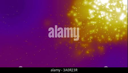 Glowing yellow particles and light bursts over purple background, creating dynamic image Stock Photo