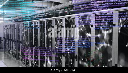Computer code and data processing image over server racks in data center Stock Photo
