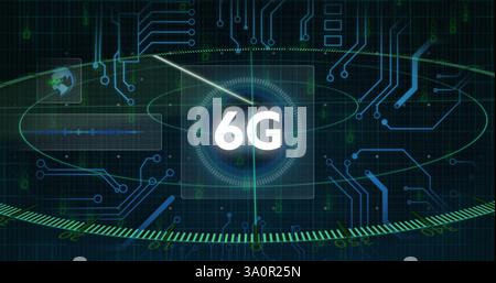 Image of scope scanning and 6g text over data processing Stock Photo