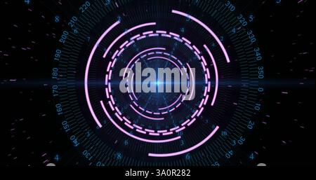 Image of pink circular scanner, blue light and processing data on black background Stock Photo
