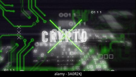 Image of data processing and connections over crypto text Stock Photo